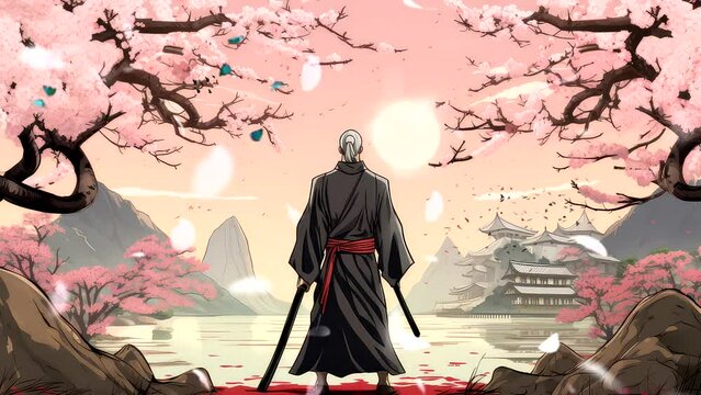 Samurai man stand wearing traditional suit dress  with cherry blossom tree, temple building, anime character background, cartoon, looping video
