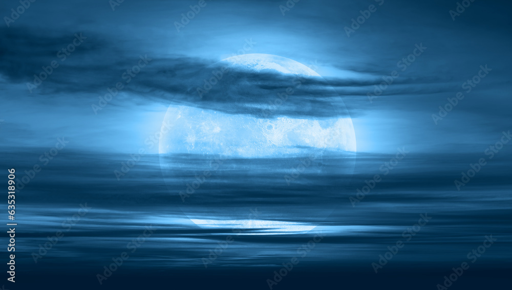 Poster night sky with full bright moon in the clouds, blue sea in the foreground 
