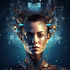 Human and technology concept. AI (Artificial Intelligence). Communication network. Surrealistic. Banner. copy space. Generative ai