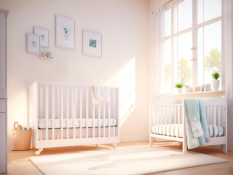 baby crib and white empty picture frames, sunlight falls on the wall, 3d rendering, scandinavian style interior