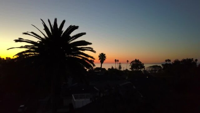 Aerial Forward Shot Of Silhouette Trees At Coastline Against Idyllic Sky During Sunset - Santa Barbara, California