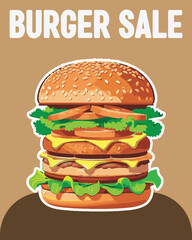Vector illustration poster of a burger, hamburger, and cheeseburger. Poster for fast food shop. Posters for promotions, discounts and rebates.
