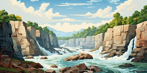 illustration of great waterfalls, 2D cartoon, generative AI