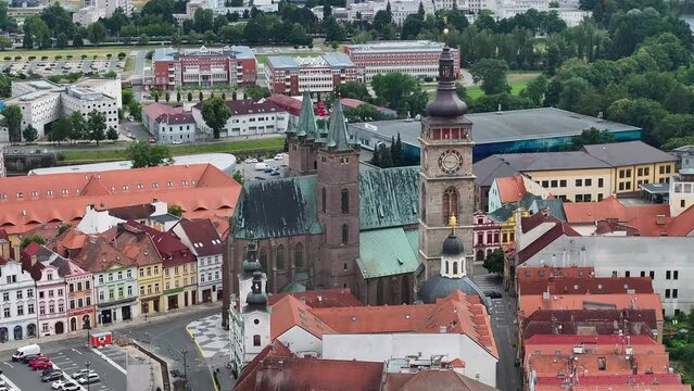 Old cathedral and clock tower tourist attraction in Hradec Kralove, Czechia. Aerial view