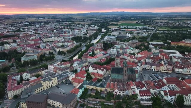 Amazing sunset cityscape of Hradec Kralove, Czechia. Historic old town with city hall and cathedral. aerial panoramic