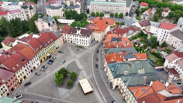 Drone flyover old square of Hradec Kralove in Czech Republic, Europe.