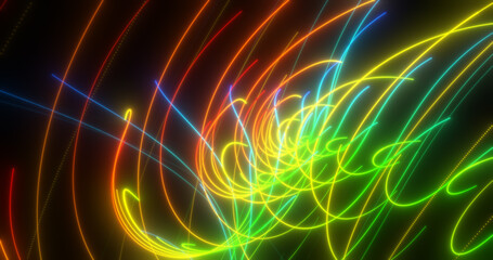 Abstract multi-colored rainbow neon energy laser lines flying on a black background