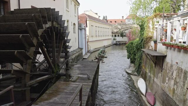 Closeup of Altes Wasserrad - Water Mill On Certovka Devil's Canal In Prague, Czech Republic.