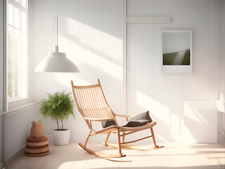 interior with one rocking chair and white empty picture frames, sunlight falls on the wall, wooden slats wall, 3d rendering, scandinavian style interior