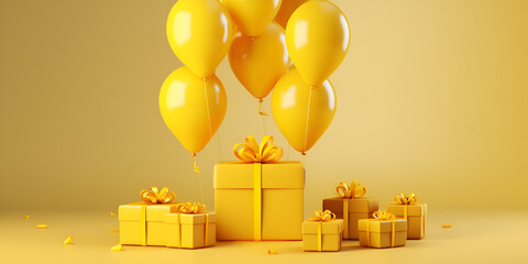 gift box with balloons, yellow balloons fly out of a gift yellow box on a warm peach background