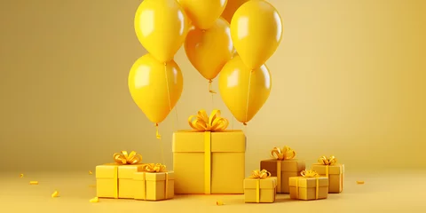 Poster gift box with balloons, yellow balloons fly out of a gift yellow box on a warm peach background © Muhammad