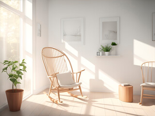 interior with one rocking chair and white empty picture frames, sunlight falls on the wall, wooden slats wall, 3d rendering, scandinavian style interior