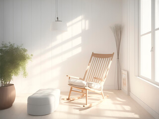 interior with one rocking chair and white empty picture frames, sunlight falls on the wall, wooden slats wall, 3d rendering, scandinavian style interior