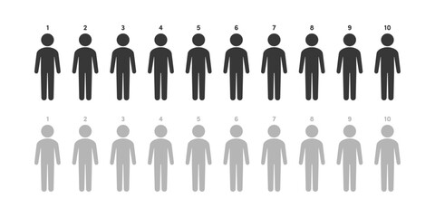 1から10までの数字と黒とグレーで色分けした10人×2グループの人型アイコン･ピクトグラムのセット
