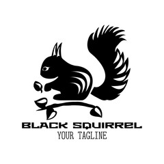 Black and white squirrel with acorn on a branch. Logo with text on white background