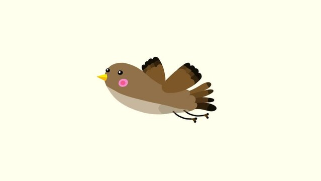 Nightingale bird brown cartoon animation character flying singing isolated. Blinking eyes seamless loop behaviour.