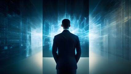 IT Engineer in big database server center office. Big cloud data center computer networking server room with racks of hardware. High-Speed Data Transfer, Server Transfer, Technology. Generative AI 