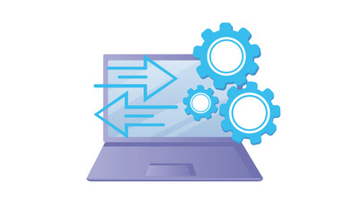 Laptop screen forwarding arrows and a gear wheel on laptop symbolic of web development.on white background.Vector Design Illustration.