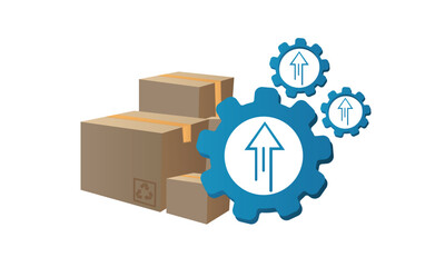 Cogwheel with boxes in front showcasing inventory control icon.on white background.Vector Design Illustration.