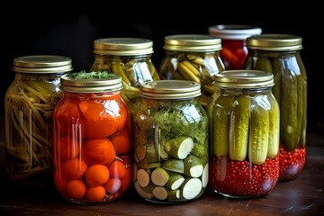 Fototapeta na wymiar Glass jars with various pickled vegetables include cucumbers, tomatoes and cabbage