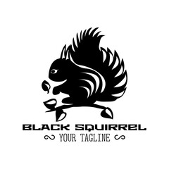 Black and white squirrel with one acorn on a branch. Logo with text on white background