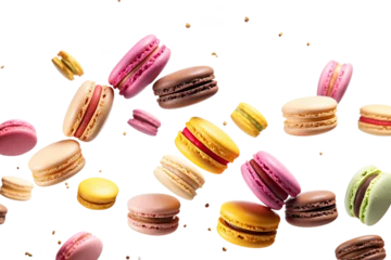 Papier Peint photo Macarons Various colorful of macarons floating on the air isolated on clean png background, Desserts sweet cake concept, with Generative Ai.