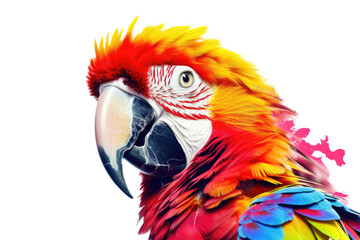 Close up of portrait colorful Parrot Macaw with beautiful feathers and wings isolated on white background, Amazon forest wildlife concept, with Generative Ai.