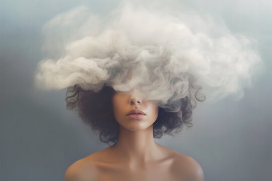 A young woman with her head in a misty cloud. The concept of depression, addiction, loneliness and mental health. 