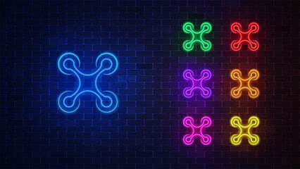 Drone neon icon set. Glowing drone line sign. Vector illustration