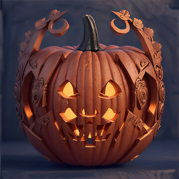 3D carved gothic Halloween pumpkin jack o lantern with evil eyes and face