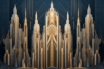 An Art Deco style skyscraper, with tall spires and intricate geometric patterns. illustration.