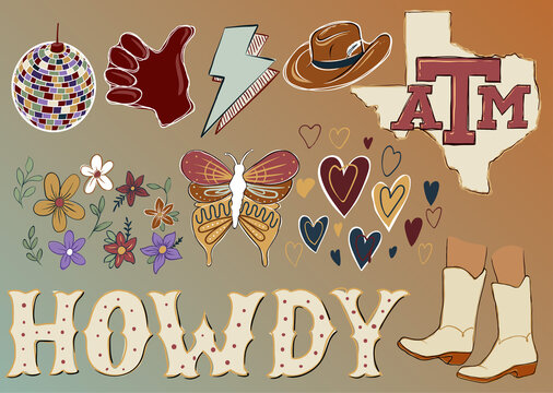 cowboy texas icon drawing set 