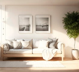 interior with one sofa and white empty picture frames, sun light falls on the wall, wooden slats wall, 3d rendering, scandinavian style interior