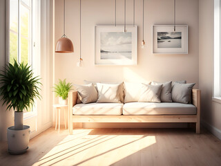 interior with one sofa and white empty picture frames, sun light falls on the wall, wooden slats wall, 3d rendering, scandinavian style interior