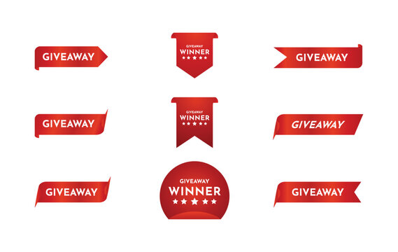 Giveaway tags or labels for social media post. Red announcement 3d banners giveaway contest ribbons