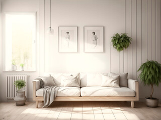 interior with one sofa and white empty picture frames, sun light falls on the wall, wooden slats wall, 3d rendering, scandinavian style interior
