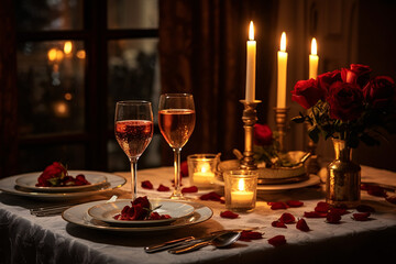 Elegant table setting with beautyful flowers, candles and wine glasses in restaurant. Selective focus. 