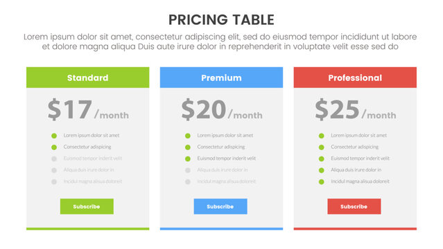 pricing table or price comparison infographic 3 point stage template with boxed table and header title for slide presentation