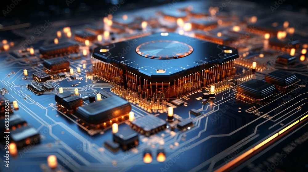 Poster futuristic computer microchips and microchips with processors and transistors for artificial intelli