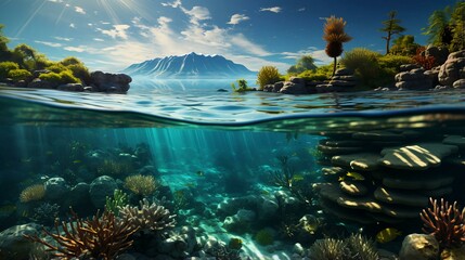 Underwater view of tropical paradise fish and corals. The concept of diving and vacation in nature. AI generated