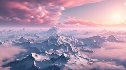 Top view of high mountains with snow caps on the peaks in nature against a pink beautiful sky, view from a drone. AI generated
