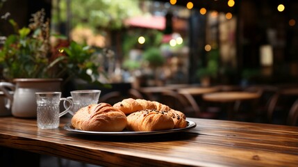Fresh buns bread pastry lies on the table in the cafe bakery selective focus blurred background. AI generated