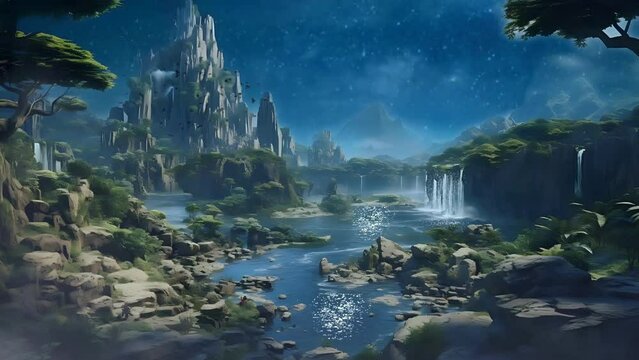 Fantasy dream landscape night at the forest with sparkling lake, waterfall and milkway star trail. Anime cartoon style painting 4k animation