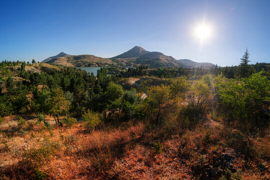 Mountains of Turkey with sun. Shot with a wide-angle lens. Konya, Sille Natural Park.