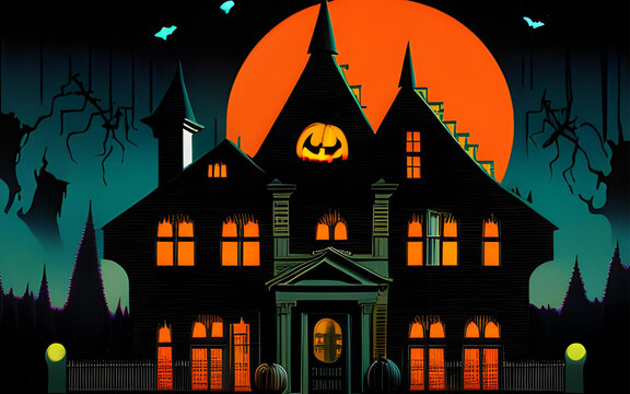 Halloween night with orange full moon, bats and pumpkins 