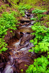 picturesque waterfall on a stream running from the mountains along a ravine on a spring day