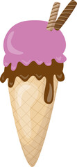 Chocolate ice cream with topping strawberry cream and wafers illustration