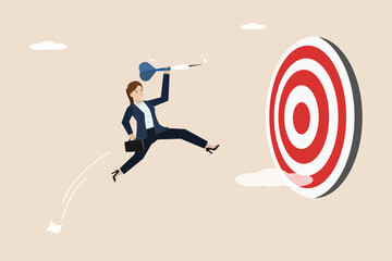 Ambitious courage to achieve goals, business challenges and aiming at targets, achieving targets or goals concept, courageous businesswoman jumping to achieve targets.