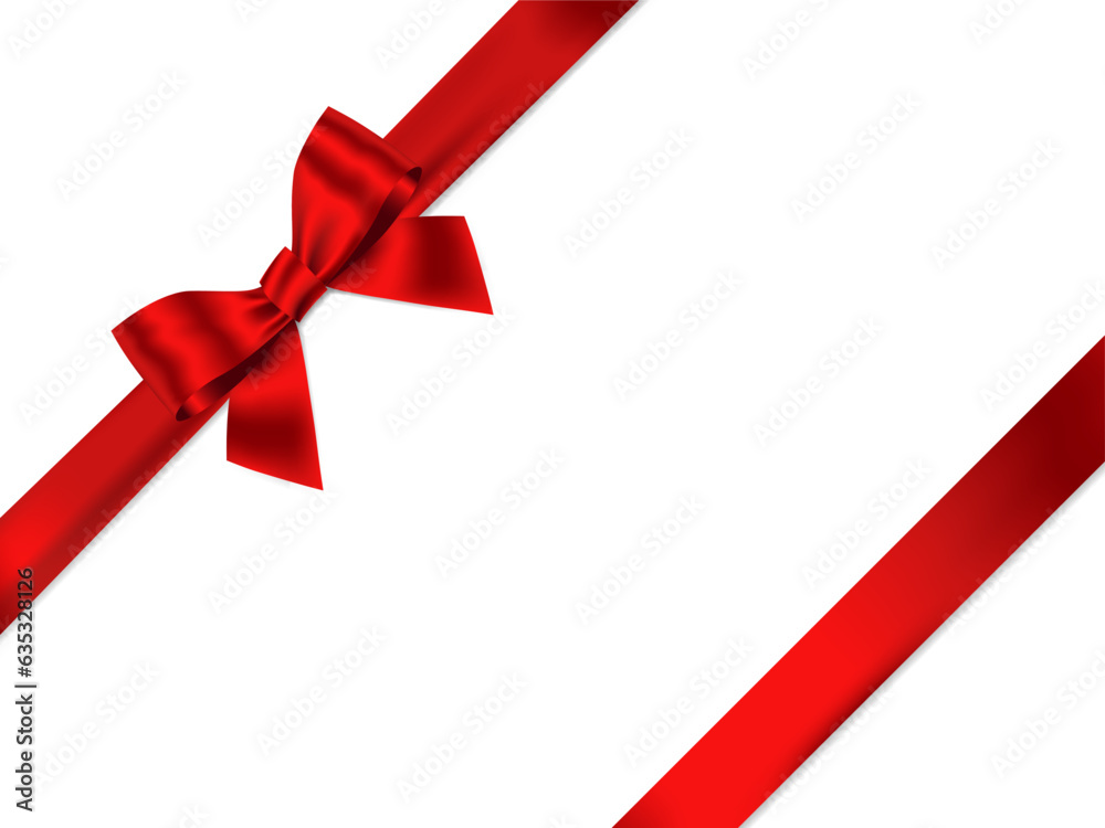 Poster red ribbon bow realistic shiny satin with shadow ribbon place on corner of paper for decorate your w