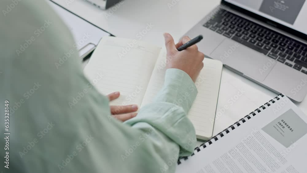 Aufkleber Writing, planning and hands of business person in office for schedule, research and administration. Proposal, information and strategy with closeup of employee and notebook for solution and idea